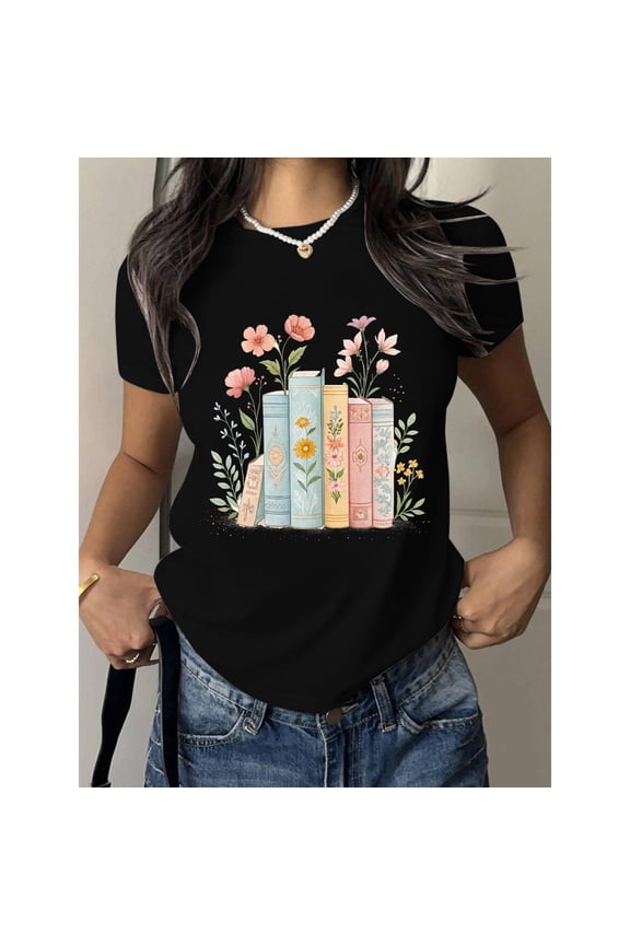 Book Flower Graphic Tee T-Shirt Reading Cotton Top Books Blooms Design Short Sleeve Crew Neck Black S-5XL
