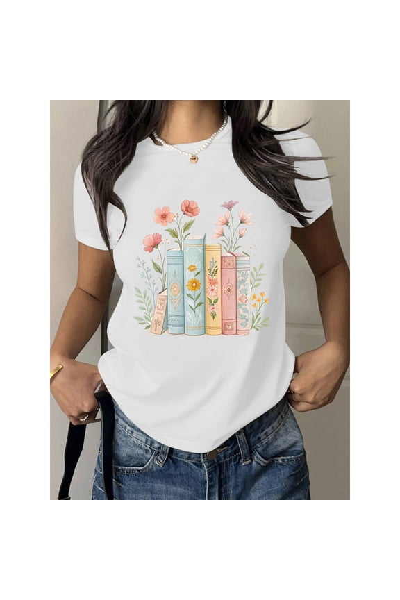 Book Flower Graphic Tee T-Shirt Reading Cotton Top Books Blooms Design Short Sleeve Crew Neck White S-5XL