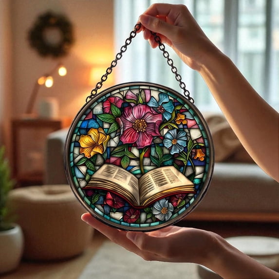 Book And Flower Suncatcher, Glass Reading Window Hanging, Colorful ...