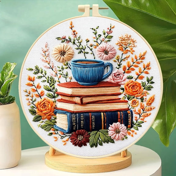 Book Flower Tea Cross Stitch Kit for Adults, DIY Handmade Home Decor Ornament, Fresh Literary Themed Starter Set, Wall Hanging Pendant Gift