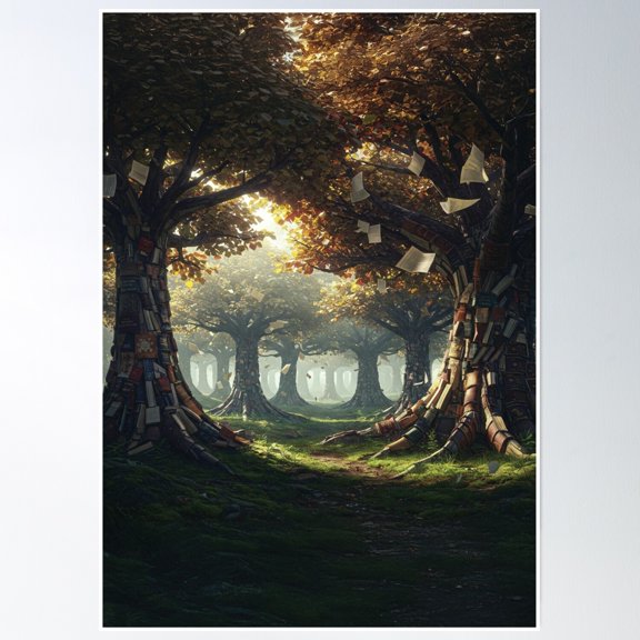Book Forest With Tree Trunks Of Books And Fluttering Pages Iphone And Poster Poster Wall Art, Modern Wall Decor, 8x12 UNFRAMED