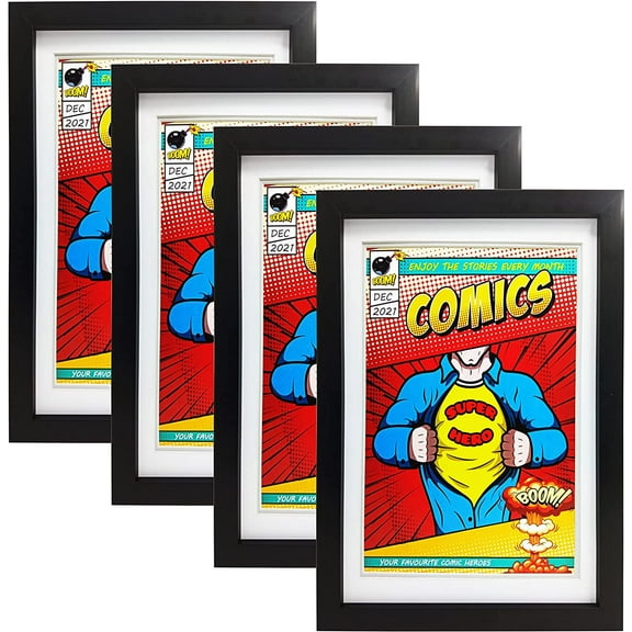 Book Frame,4 Pack,Ultraviolet UV Protection, Fits Current Comics up to 6 3/4 inch x 10 1/4 inch, Wall or Tabletop Display,Spring Clips (Black Frame White Mat, 4)