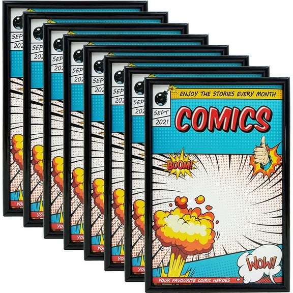 Book Frame, 8 Pack, Ultraviolet UV Protection, Fits Current Comics up to 6 3/4" x 10 1/4", Wall or Tabletop Display,Spring Clips for Thicker Comics as Well (Black, 8)