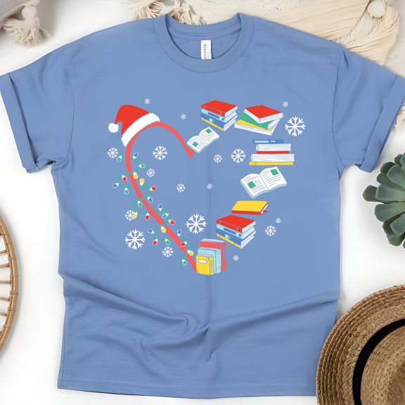 Book Heart T-Shirt | Cute Reading Lover Tee | Cozy Bookworm Gift Shirt, CarolinaBlue, Size S