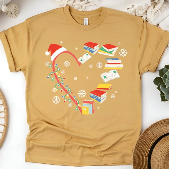 Book Heart T-Shirt | Cute Reading Lover Tee | Cozy Bookworm Gift Shirt, Gold, Size M
