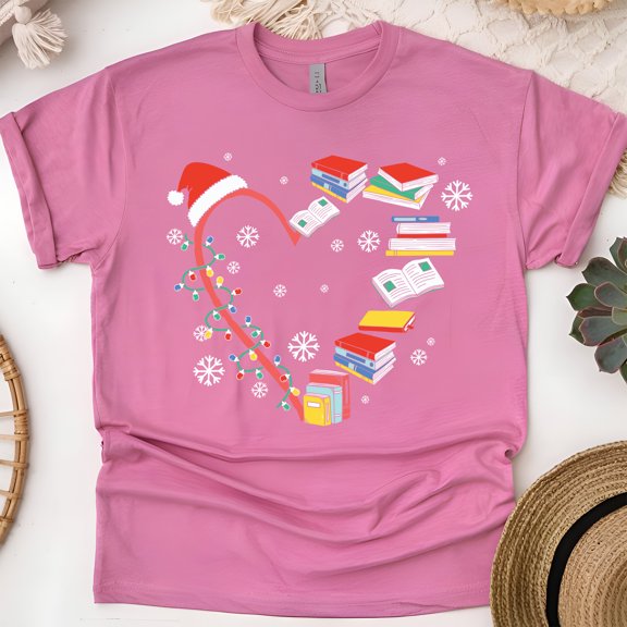Book Heart T-Shirt | Cute Reading Lover Tee | Cozy Bookworm Gift Shirt, Heliconia, Size S