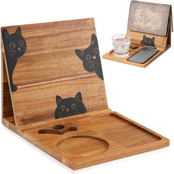 Book Holder Stand for Reading Rest, Wooden Foldable Book Rest with Book Page Holder, Cup, iPad & Phone Stand, Book Nook Reading Valet Desktop Triangle Bookstand Bookshelf for Readers Bookworms Gifts