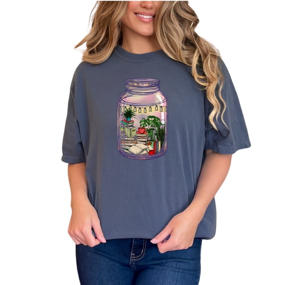Book Jar Illustration T-Shirt, Cozy Reading Design, Plant Lover Tee, Bookworm Graphic, Artistic Novelty Shirt, Unique Gift for Readers, Denim Comfort Colors T-Shirt, 2XL