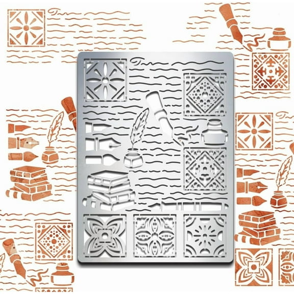 Book & Journal Stencils - Metal Quill & Square Flower Pattern Planner Stencils 5.5x7.5in Stainless Steel Painting & Drawing diy