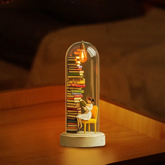 Book Lamp Book Lovers Gifts, LED Table Lamp with Glass Dome, Realistic Mini Reader Sculpture with Warm Light, Bookish Gifts for Women or Freinds & Unique Birthday Gifts
