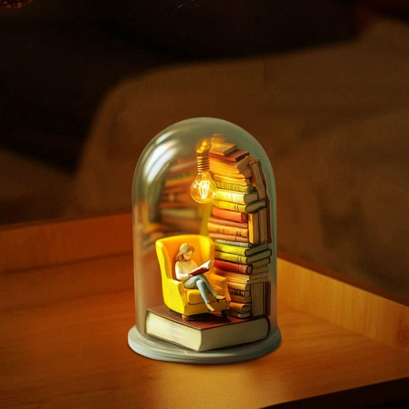Book Lamp Book Lovers Gifts, LED Table Lamp with Glass Dome, Realistic Mini Reader Sculpture with Warm Light, Bookish Gifts for Women or Freinds & Unique Birthday Gifts