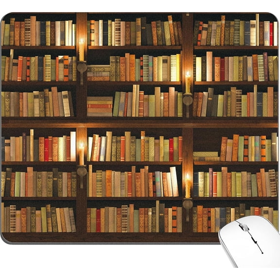 Book Library Mouse Pad Cute Design Mousepad Dark Vintage Fun Aesthetic Small Desktop Desk Mat Office Portable Women Accessories Computer Laptop Wireless Travel Work Gaming Washable Supplies