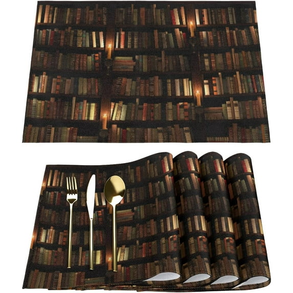 Book Library Placemats Set of 6 Rectangle Table Mats Washable Heat-Resistant Place Mat for Kitchen Dining Table Decor Indoor Outdoor