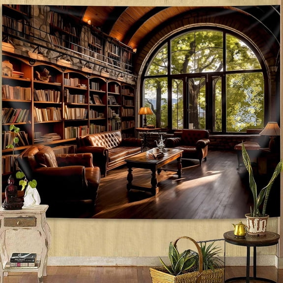 Book Library Tapestry Wall Hanging Medieval Bookshelf Vintage Window Bookcase Backdrop Wall Decor for Bedroom Aesthetic Living Room Office (59.1"x51.2")