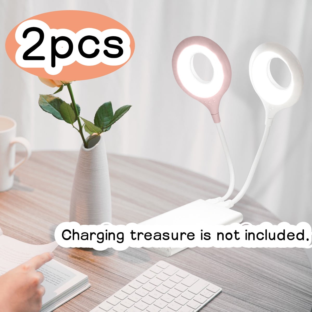 Book Light, Reading Ring Light LED Desk Lamp with USB Charging Port 2 Pcs White & Pink