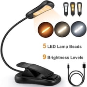 Book Light, Rechargeable Reading Light 5 LED Easy Clip on Reading Lamp, 3 Color Temperature, Portable Task Lamp (Black)