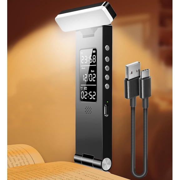 Book Lights, Rechargeable Reading Light in Bed, Smart Adjustable Portable Bookmark Night Lamp, Built-in Battery & LCD Display, with Timer, Clock, Alarm, Date