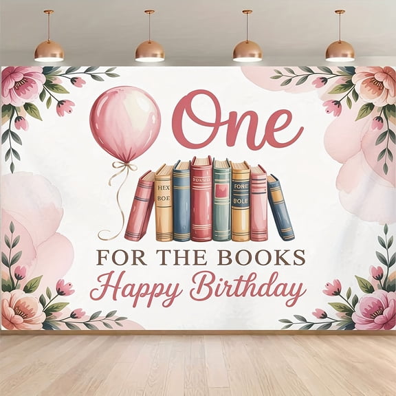 Book Lover Birthday Backdrop One for THE BOOKS Happy Birthday Photography Background Pink Floral Balloon Birthday Party Decorations Banner Supplies Photo Booth Props