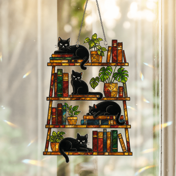 Book Lover Cat Shelf Holographic Acrylic Rainbow Window Ornament Gift