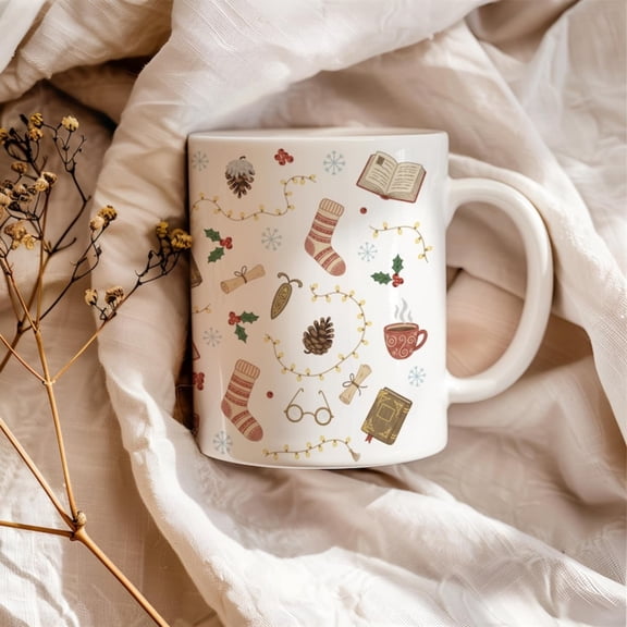 Book Lover Cistmas Mug, Cozy Reading Coffee Cup, Gift Bookworm, Fest Book Pattern, datocking Stuffer.