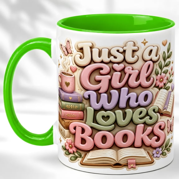 Book Lover Coffee Mug, Girl Who Loves Books Cup, Cute 3D Typography Reading Design, Gift for Bookworms, Ceramic 11 Oz Mug