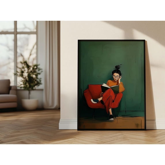 Book Lover Emerald Green Reading Woman Wall Art, Unframed Paper Print Size 12x18