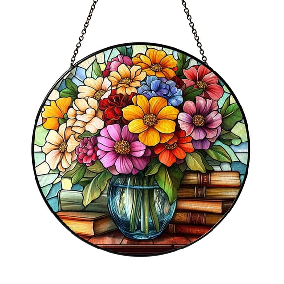 Book Lover Floral Bookshelf Window Hanging, Stained Glass Style Cozy Home Accent