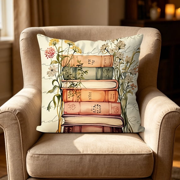 Book Lover Floral Pillow Cover, 18x18 Inch Letter & Vintage Book Decorative Cushion Case, Soft Breathable Polyester Throw Pillowcase for Reading Nook, Library, Living Room & Bedroom, A