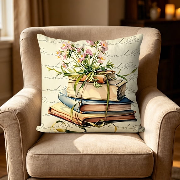 Book Lover Floral Pillow Cover, 18x18 Inch Letter & Vintage Book Decorative Cushion Case, Soft Breathable Polyester Throw Pillowcase for Reading Nook, Library, Living Room & Bedroom, D