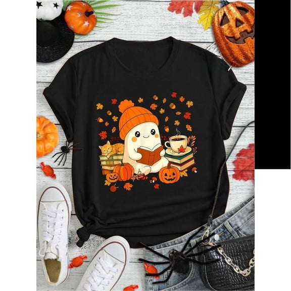 Book Lover Ghost Graphic Tee T Shirt Top Cotton Casual Cute Reading Design Short Sleeve Round Neck Black S-5XL