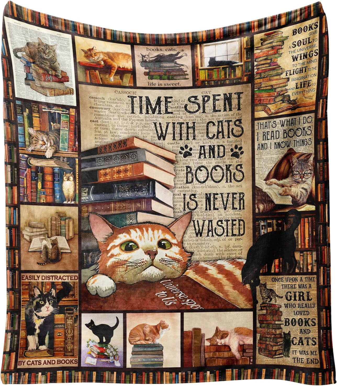 Book Lover Gift for Women Men - Cozy Fleece & Flannel Throw Blanket for Cat Lovers, Teachers, Librarians, Birthday Reading Gifts, 60"x50" for Couch, Bed, Chair, Dorm Room Decor
