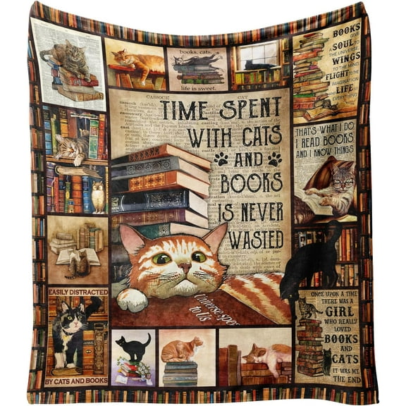 Book Lover Gift for Women Men - Cozy Fleece & Flannel Throw Blanket for Cat Lovers, Teachers, Librarians, Birthday Reading Gifts, 60"x50" for Couch, Bed, Chair, Dorm Room Decor