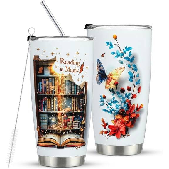 Book Lover Gifts BookLover Tumbler, Reading is Magic 3d Bookshelf Coffee Mug, Reading Gifts for Women, 20oz Stainless Steel Library Tumbler with Lid and Straw, 1pcs