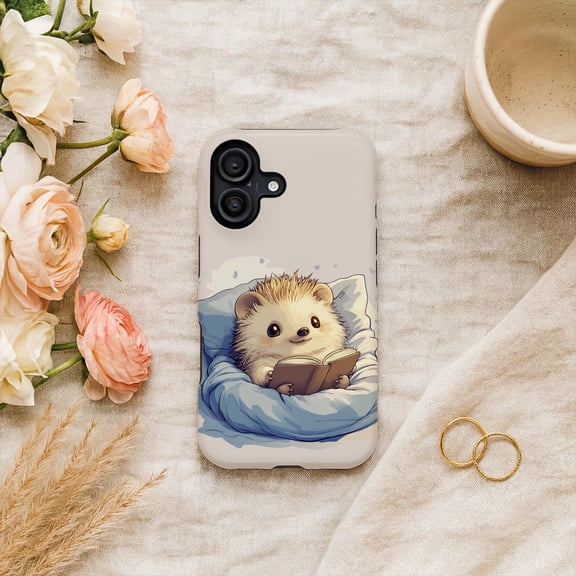 Book Lover Hedgehog for Cozy Reading Aesthetic Tough Phone Case, Dual-Layer Protective Cover for iPhone