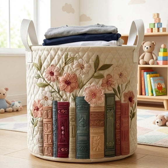 Book Lover Laundry Basket, Floral Book Hamper, Vintage Library Storage Bin, Cozy Reading Room Decor, Nursery Organizer Basket, Book Flora