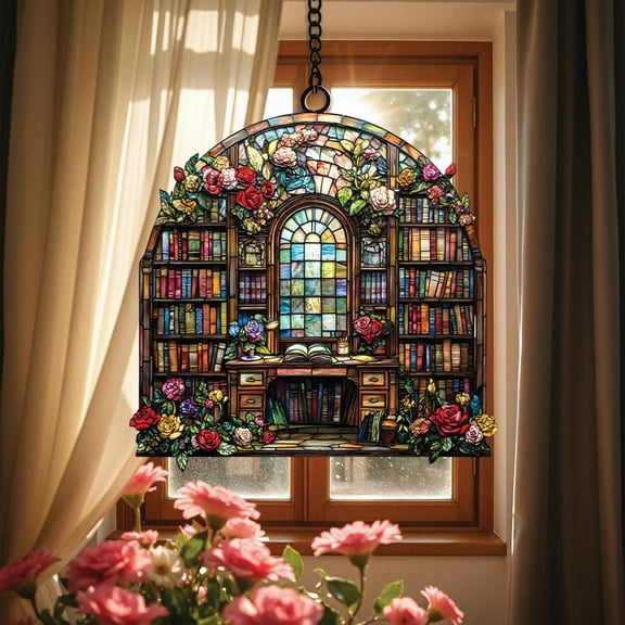Book Lover Library Bookshelf Suncatcher, Acrylic Faux Stained Glass, Bookish Window Hanging Decor, Librarian and Teacher Gift Room Decor