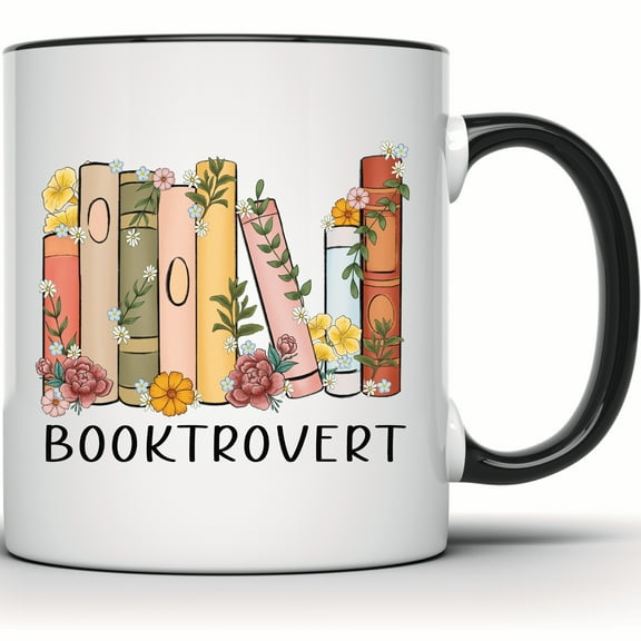 Book Lover Mug - Bookworm Gift for Readers - Floral Bookish Mug - Introvert Booktrovert Coffee Cup - Books and Flowers Design - 11 Ounce Black Rim Handle Novelty Coffee Cup - WMUG1616-BLK