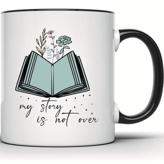 Book Lover Mug - Floral Book Design - My Story Is Not Over - Perfect Bookish Gift for Readers, Librarians, Teachers - Flower Bookworm Mug - 11 Ounce Black Rim Handle Novelty Coffee Cup - WMUG1301-BLK