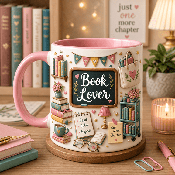 Book Lover Mug Pink Reading Coffee Cup Gift for Readers, Teachers & Back to School