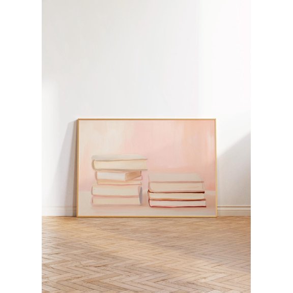 Book Lover Print Stack of Books Wall Art Bookworm Pastel Printable Reading Decor Library Soft Pink, Unframed Canvas 8x10in