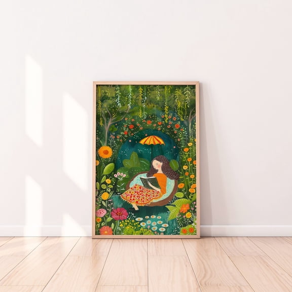 Book Lover Reading in the Garden Scene Home Wall Decor, Unframed Paper Poster 8x10in