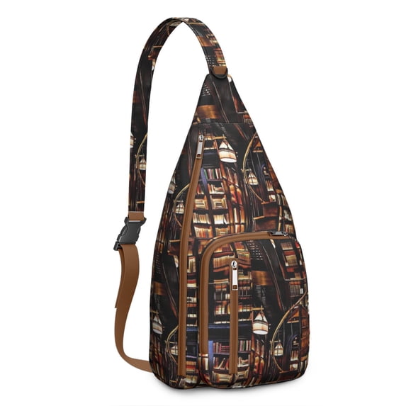 Book Lover Sling Backpack – Vintage Bookshelf Crossbody Bag for Reading Enthusiasts | Library Pattern Travel Daypack for Bookworms & Literature Fans