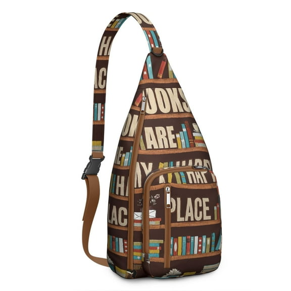 Book Lover Sling Backpack&nbsp;- Bookshelf & Bookmark Print Crossbody Bag, Lightweight Reading-Themed Pack for Students & Daily Commute