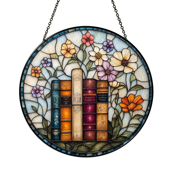 Book Lover Stained Glass Suncatcher, Floral Book Stack Window Decor, Artistic Reading Theme
