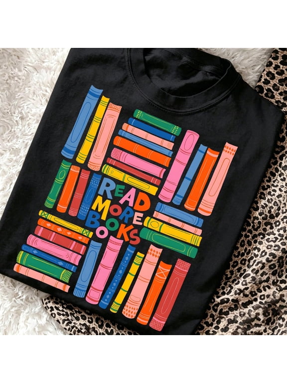 Book Lover T Shirt Women Colorful Stacked Books Graphic Tee Bookish Gift Top Cute Librarian Bookworm Tshirt Aesthetic Loose Fit Drop Shoulder