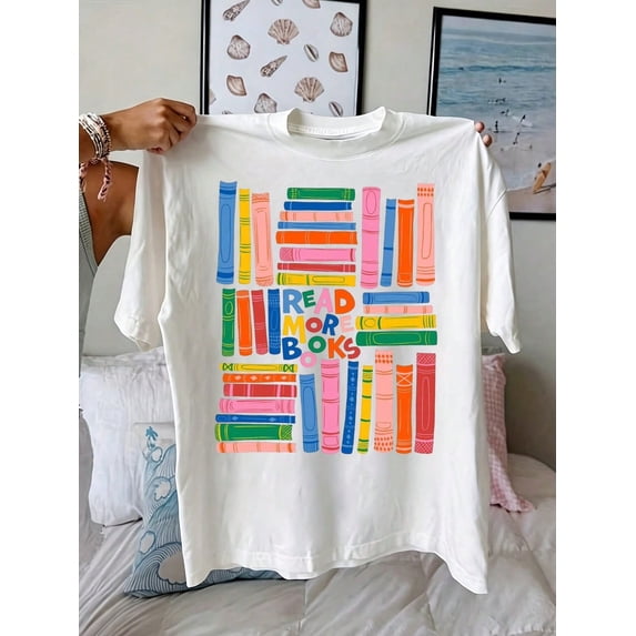 Book Lover T Shirt Women Colorful Stacked Books Graphic Tee Bookish Gift Top Cute Librarian Bookworm Tshirt