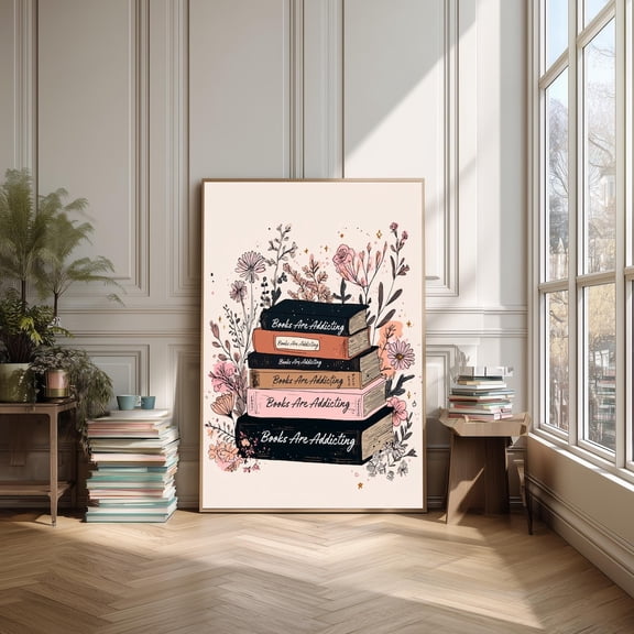 Book Lover Wall Art – Vintage Floral Book Stack Print, Pastel Literary Decor, Cozy Reading Aesthetic Poster Decor, Unframed Poster Size 24x36 F03.1.22l1171