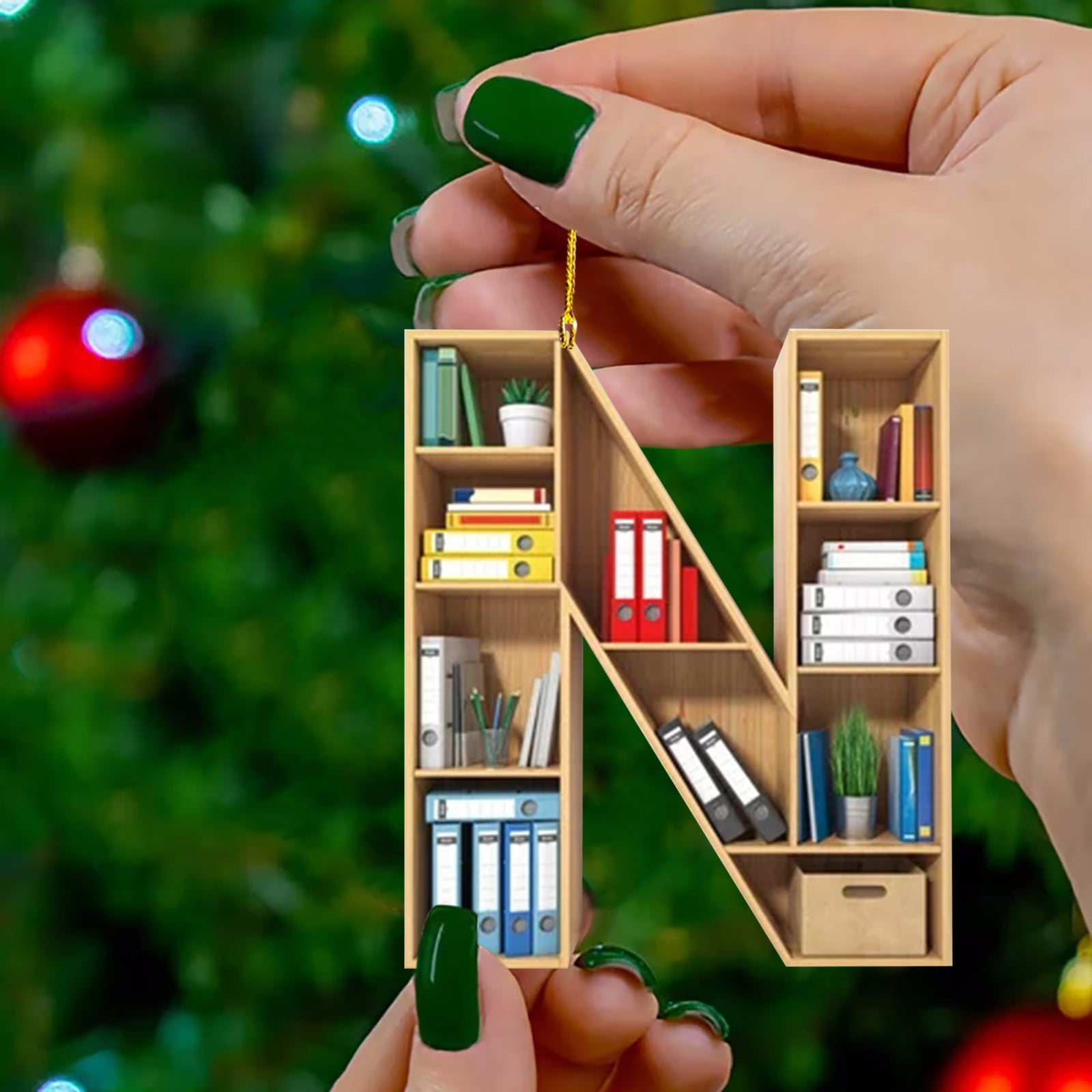 Book Lovers 26 letters Shaped Bookcase Christmas Wooden Ornament 2D