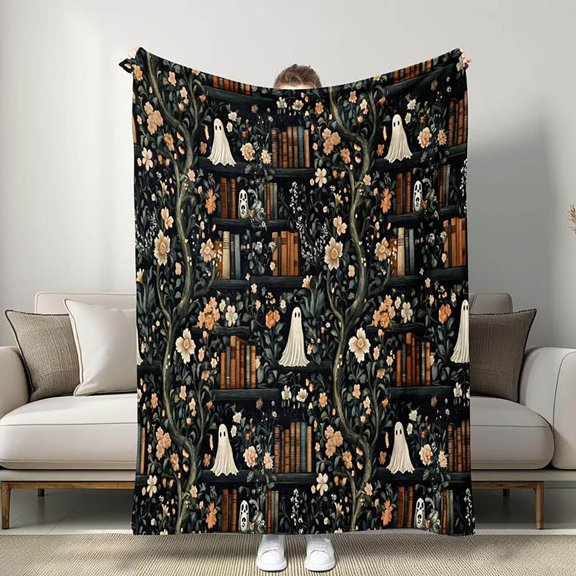 Book Lovers Blanket,Halloween Ghost Bookshelf Fleece Blankets for Women Flannel Throw Blanket for Home Living Room Couch Bed Chair or Dorm Decor 60"x79"
