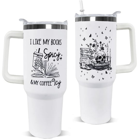 Book Lovers Gifts 40oz Book Lover Tumbler with Handle Halloween Goth Skull Bookshelf Coffee Travel Mugs Insulated Cup Gifts for Women Readers,Reading,Bookish,Librarian,Books